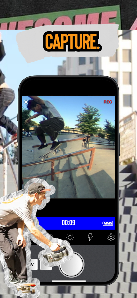VX Skateboarding Camcorder - A smartphone screen showing the VX Skateboarding Camcorder app recording a skater on a rail with a vintage 90s video interface.