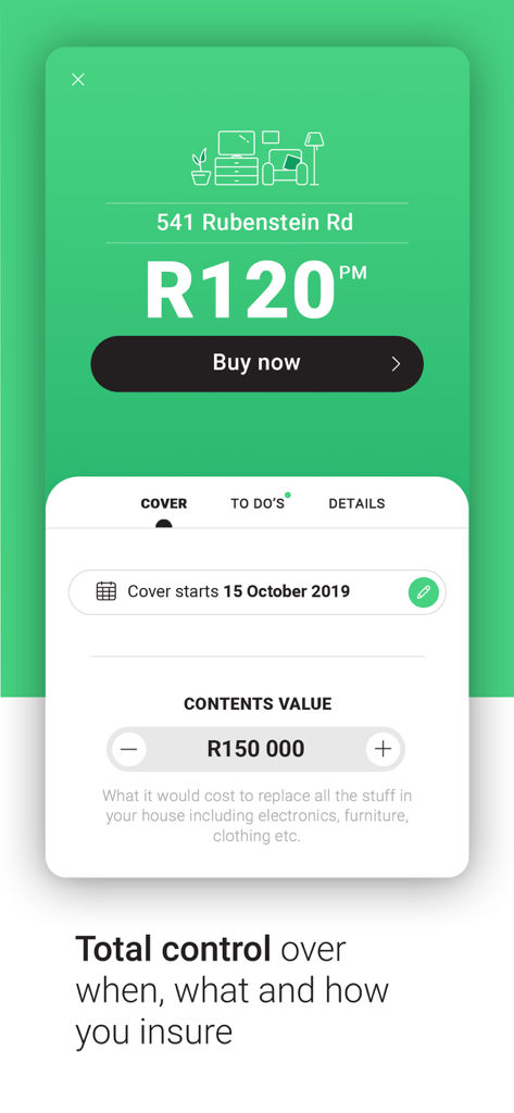 Naked Insurance - Naked Insurance app showing home contents cover and monthly price