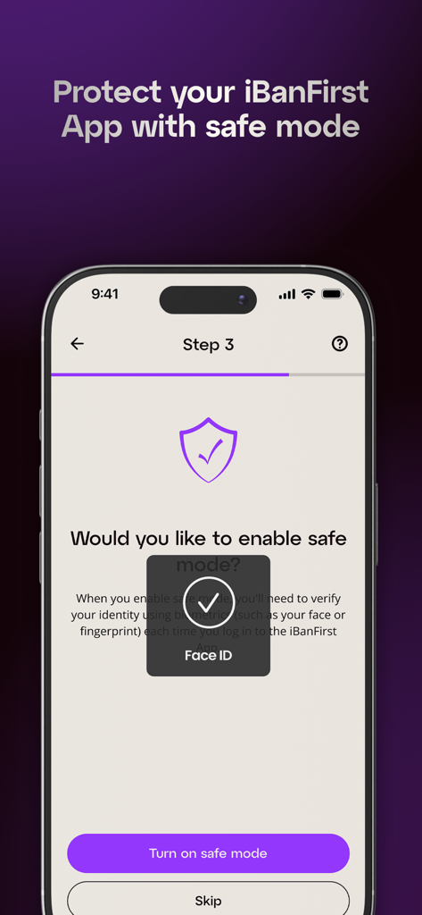 iBanFirst-App-Oberfläche zur Aktivierung des sicheren Modus mit Face ID für sichere Transaktionen