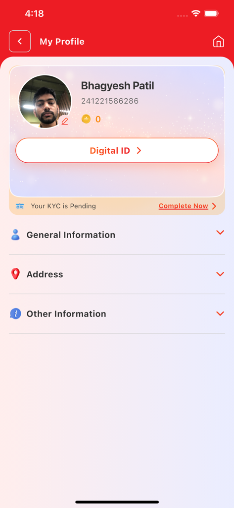 Benutzerprofilbildschirm der Fevicol Champions Club-App mit Kontodetails und digitaler ID