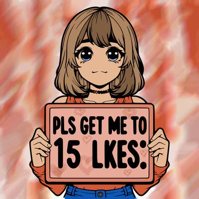 realistic girl holding up a sign that says “pls get me to 15 likes!”
