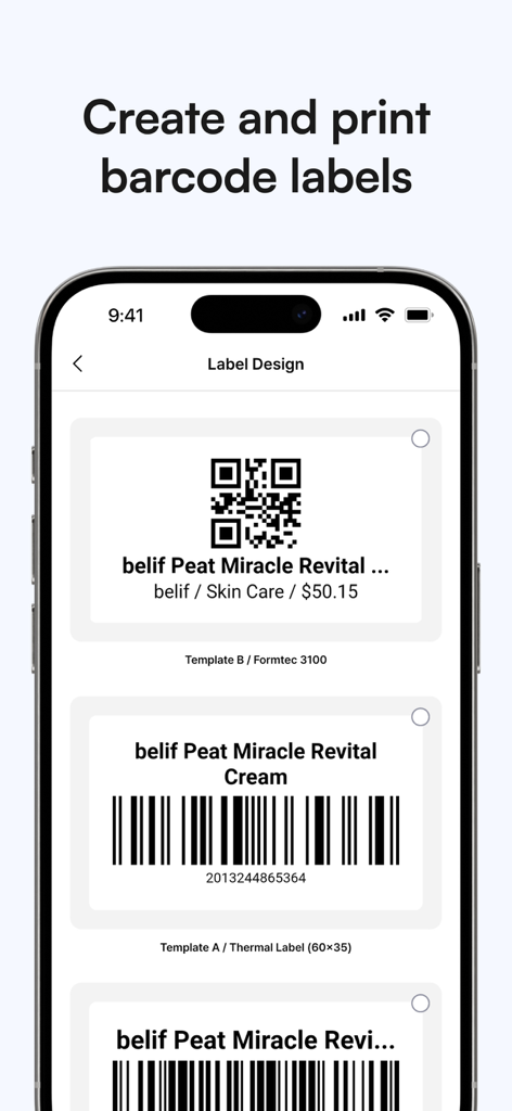 Mobile app interface showing various templates for designing and printing barcode and QR code labels for inventory