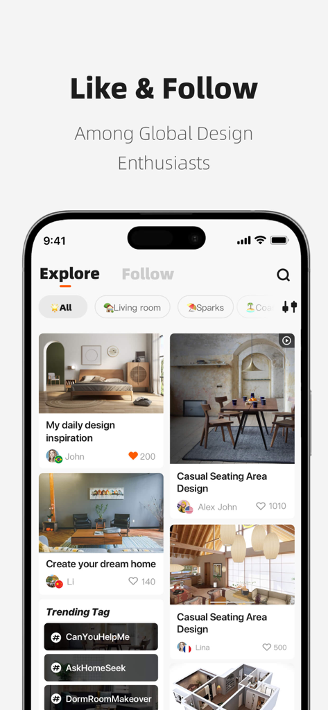 Schermata di esplorazione dell'app Homestyler che mostra un feed della community di ispirazioni di interior design da utenti globali.