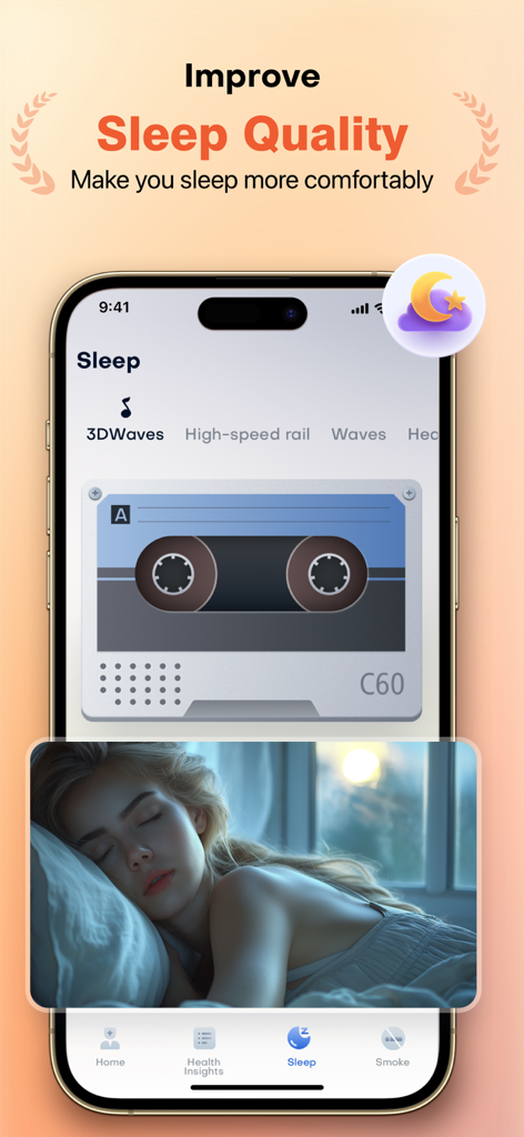PulsePro app interface showing sleep quality improvement tools and ambient sounds