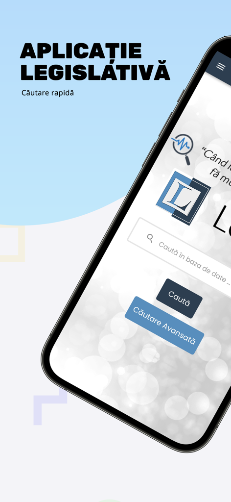Interfaz de búsqueda de la aplicación Legis Mobile para legislación rumana