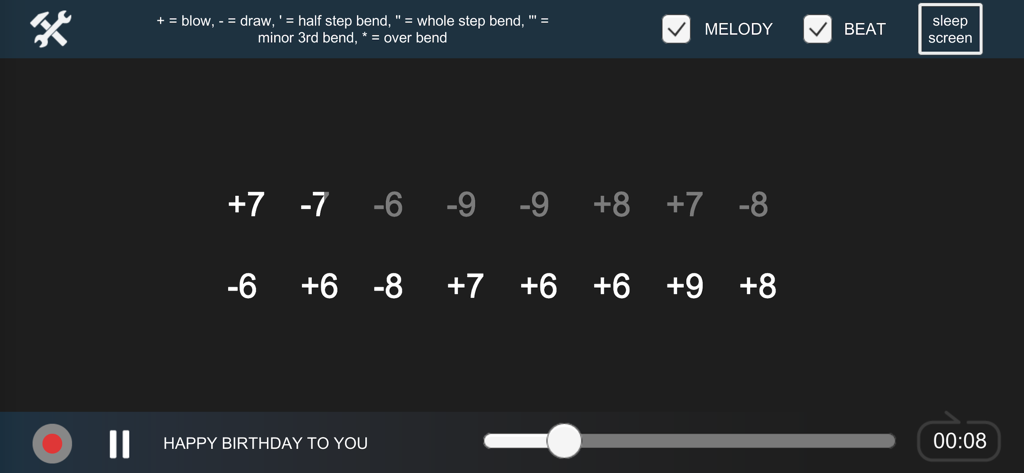 Harmonica Tab Pro - Harmonica Tab Pro app screen showing numerical harmonica tabs for the song Happy Birthday with recording and playback controls