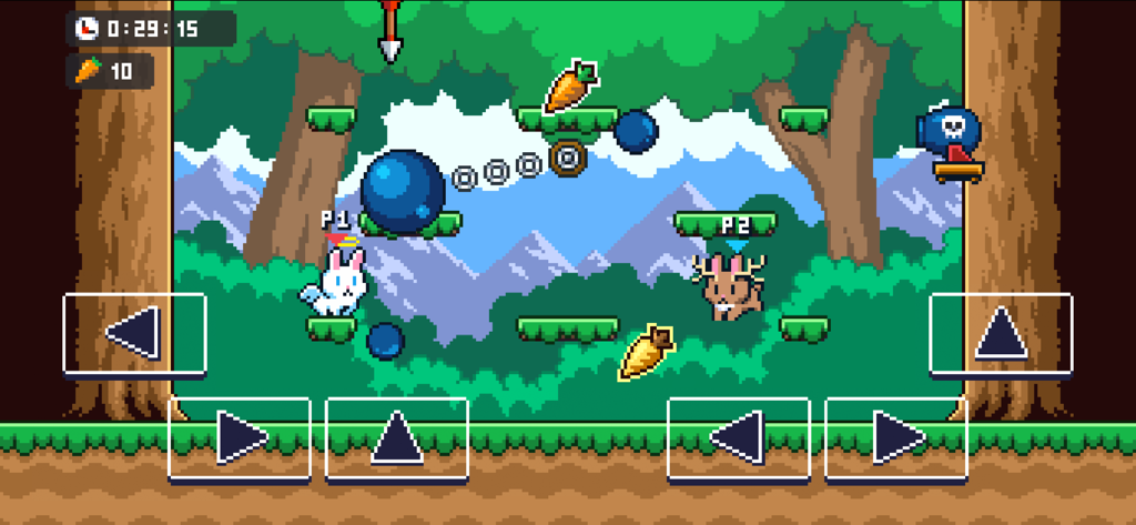 Poor Bunny! - Local multiplayer mode in Poor Bunny featuring two bunny characters avoiding traps and collecting carrots in a pixel art forest.