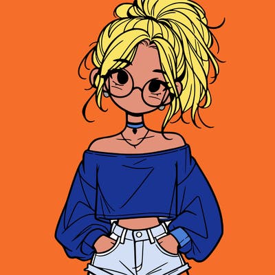 girl with a messy ponytail glasses a baggy crop top and jean shorts