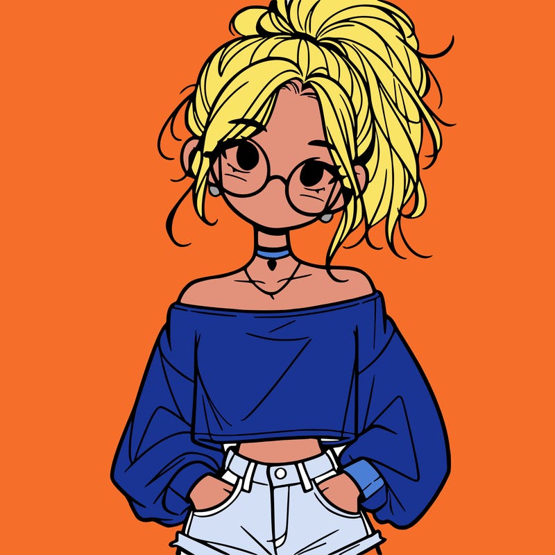 girl with a messy ponytail glasses a baggy crop top and jean shorts