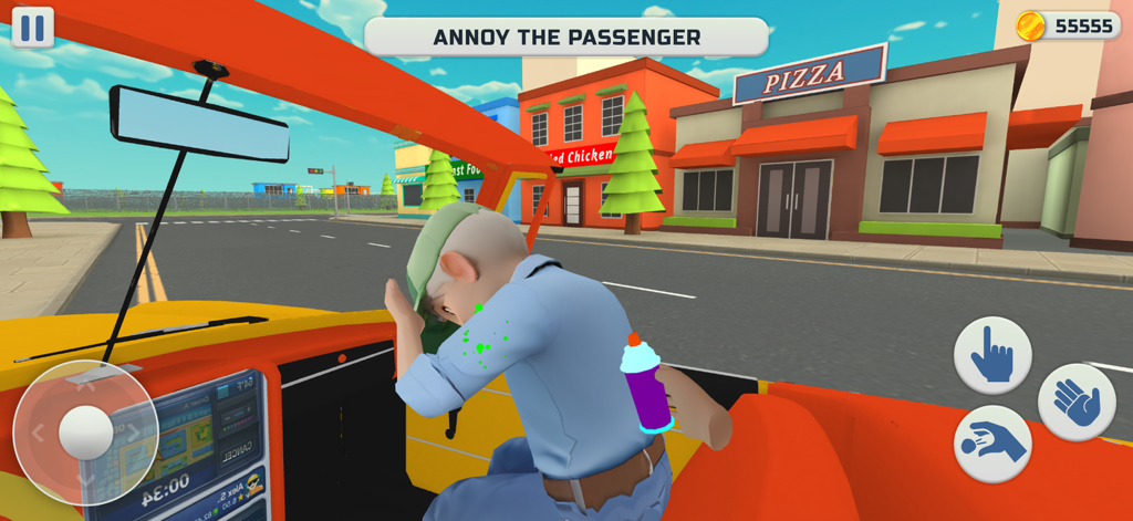 I Am Crazy Taxi Driving Game - A taxi driver using a spray can to annoy an elderly passenger in the I Am Crazy Taxi Driving Game