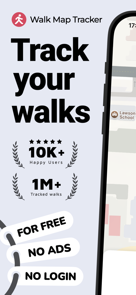 Walk Tracker Map: Steps & GPS - Promotional screen for Walk Tracker Map app highlighting free walk tracking with no ads and no login required