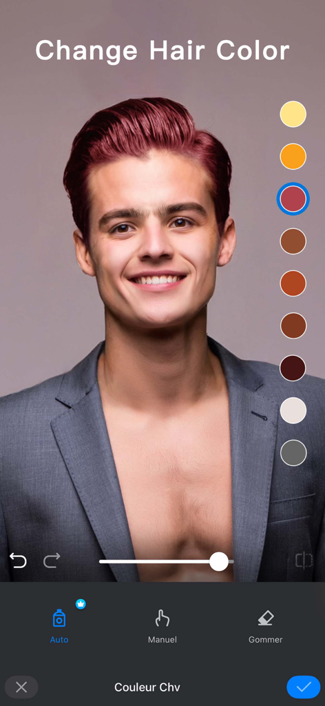 Un hombre usando la aplicación Manly para cambiar el color de su cabello con herramientas de edición de IA