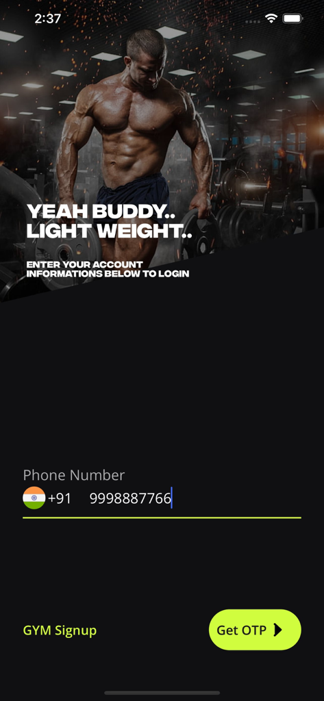stamm.fit: For Gyms & Clients - Pantalla de inicio de sesión de la aplicación de gestión de gimnasio stamm.fit con entrada de número de teléfono y botón 'Obtener OTP'