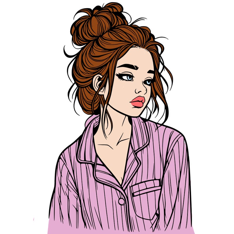 realistic woman with pajamas on and a messy bun