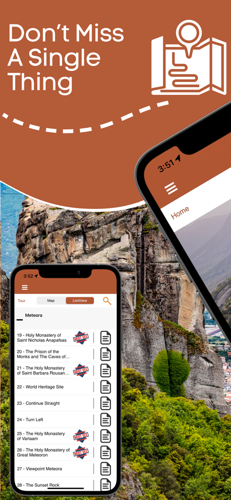 Meteora Monasteries Audio Tour - Mobile app screen showing a list of monasteries and tour stops for a self-guided tour of Meteora