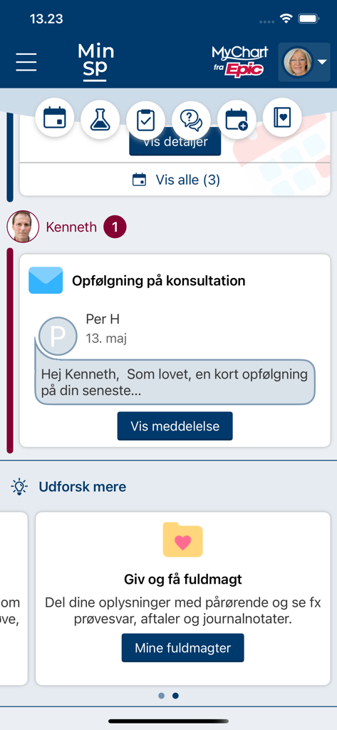 MinSP - Screenshot of the MinSP mobile app dashboard showing a consultation message and a feature to share medical access with relatives.