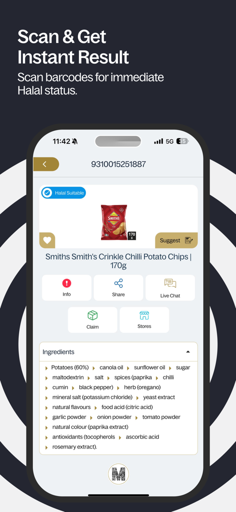 Captura de pantalla de la aplicación Mustakshif que muestra el estado Halal instantáneo y la lista de ingredientes de un producto de snack.