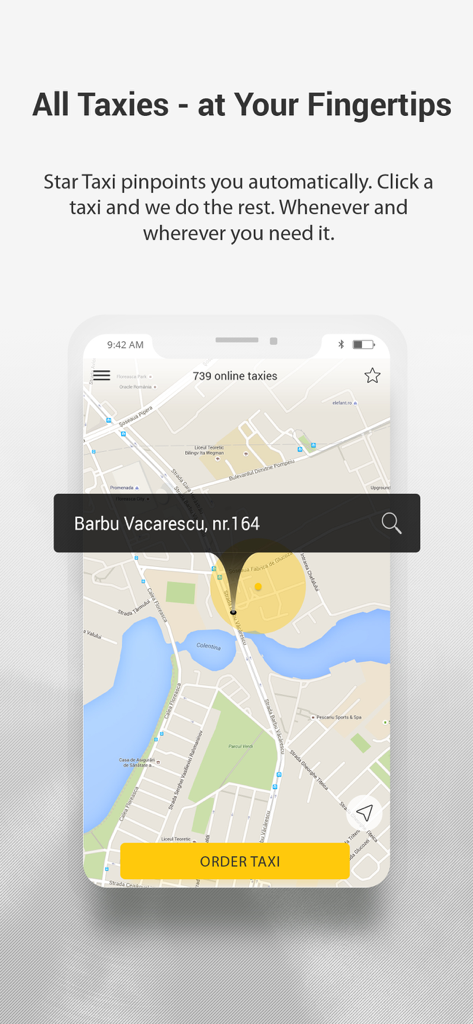Star Taxi - Star Taxi mobile app interface showing a real-time map with available taxis and a yellow order button
