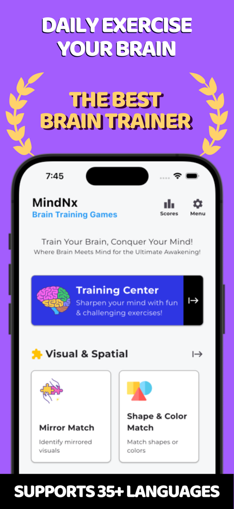 Mind Games: Brain Training Gym - Interfaz de la aplicación de entrenamiento cerebral MindNx que muestra el centro de entrenamiento y juegos visuales y espaciales