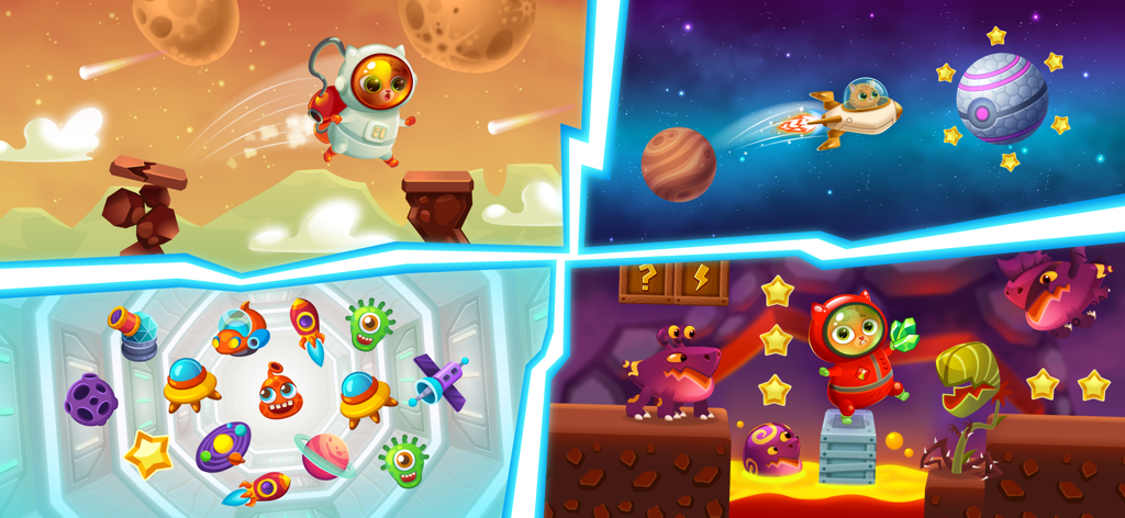 A collage of Bubbu 2 gameplay scenes featuring space exploration and alien pets.