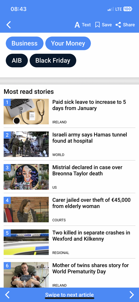 RTÉ News - Liste des articles les plus lus sur l'interface de l'application RTÉ News