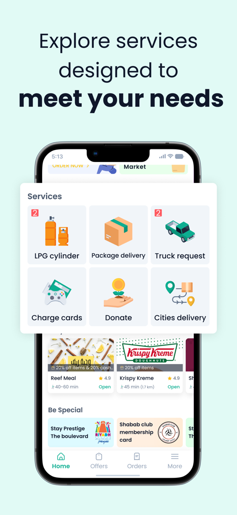 Mr Mandoob | Anything Delivery - Uma tela móvel mostrando os serviços do aplicativo Mr Mandoob, incluindo solicitações de entrega de pacotes, caminhões e pedidos de botijões de gás