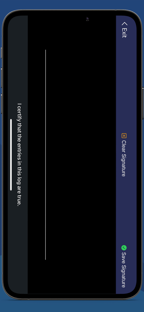 Digital signature capture screen in the Swift Pilot Logbook app used for certifying log entries.