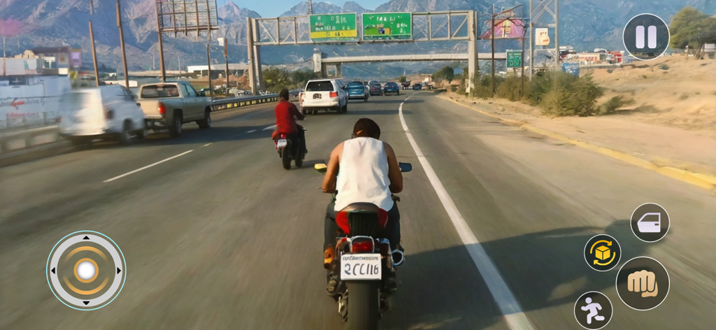 Gangster Simulator Crime Game - A character riding a motorcycle on a highway in Gangster Simulator Crime Game