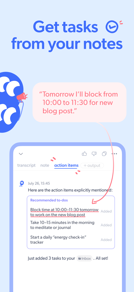 Mumble Note: AI Note Taker - Captura de pantalla de la aplicación Mumble Note mostrando la IA extrayendo tareas accionables de una nota de voz.