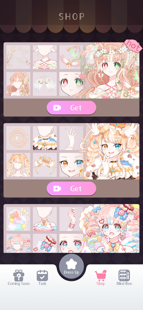 Anime Avatar Maker,Creator - In-app shop interface showing various anime character outfit sets and accessories for customization