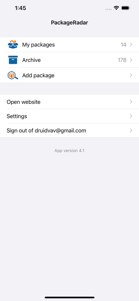 PackageRadar app main screen showing my packages archive and add package options