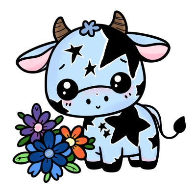 a smaller cute cow wich a flowers
