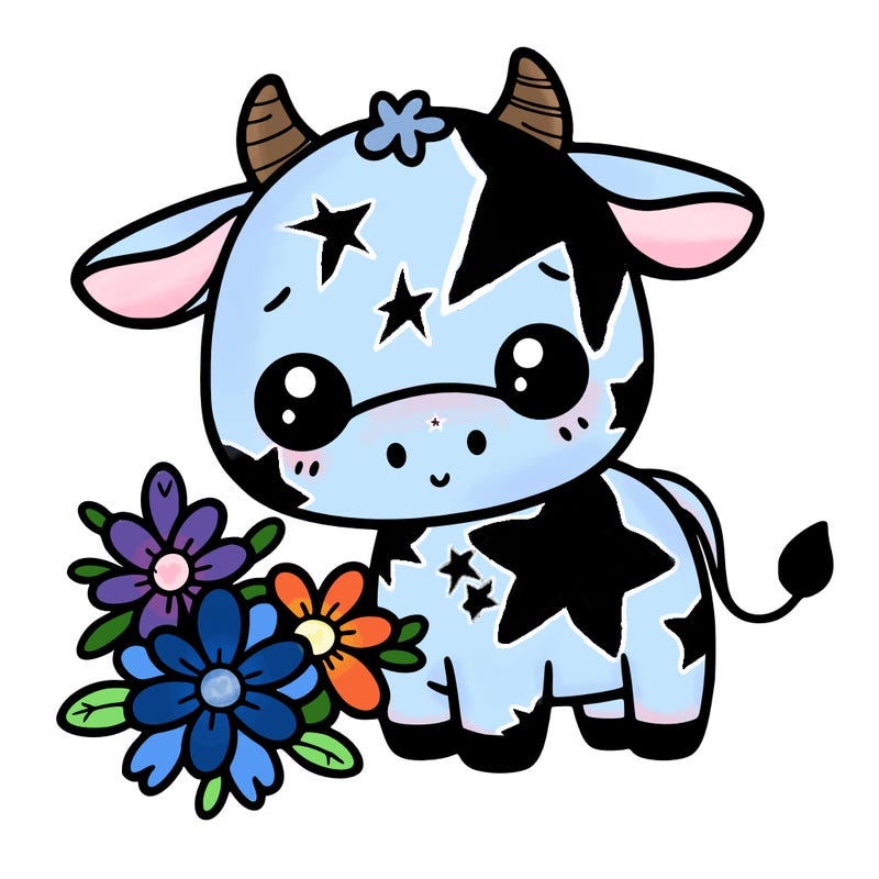 a smaller cute cow wich a flowers
