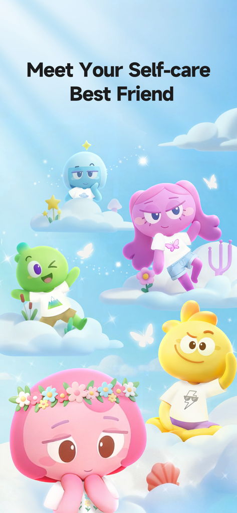 Pooca: Self-care Best Friend - 雲の上に浮かぶカラフルなPoocaキャラクターたち、「あなたのセルフケア親友に出会おう」という文字と共に。