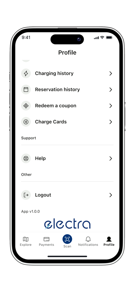 Electra By Raya - Pantalla de configuración del perfil de la aplicación de carga de VE Electra By Raya que muestra el historial del usuario y las opciones de la cuenta.