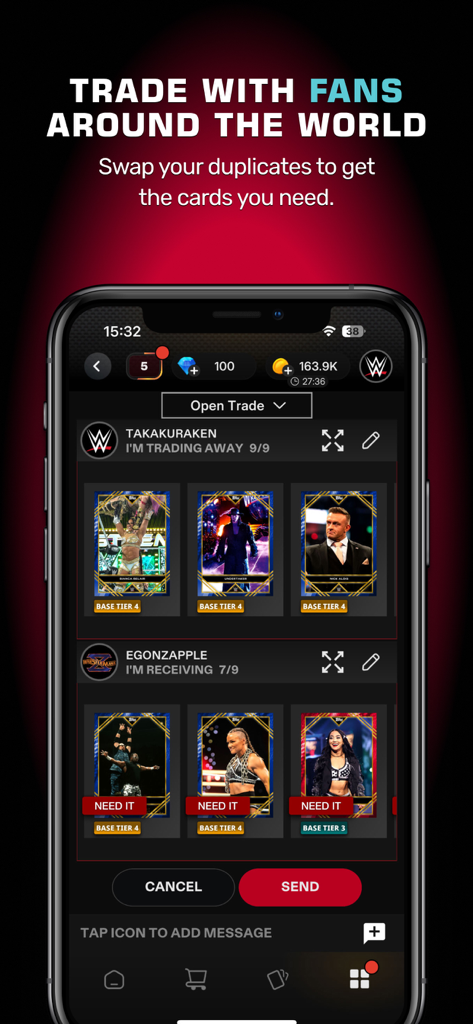 A mobile app interface from WWE SLAM by Topps showing a digital card trade between two users with various WWE superstar cards.