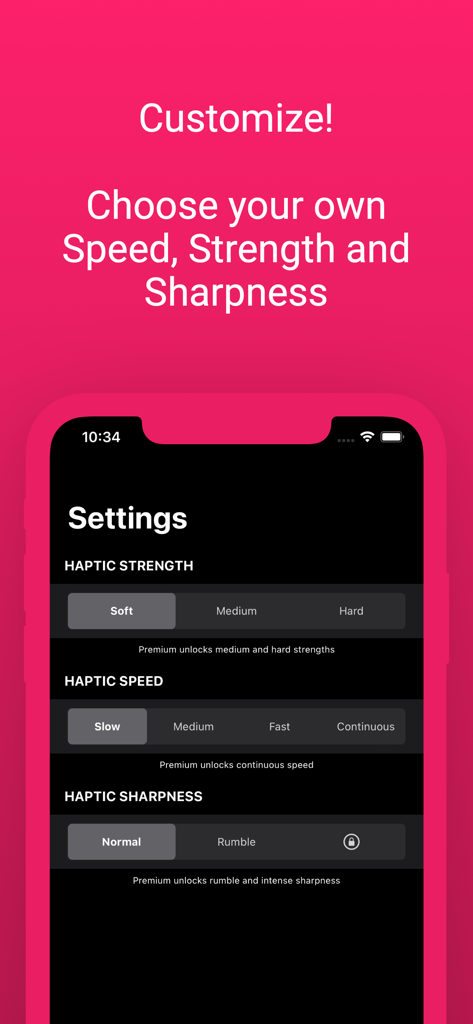 Vibrate+ Pro - Pantalla de configuración de la aplicación Vibrate Pro mostrando la personalización de la fuerza, velocidad y agudeza de la vibración