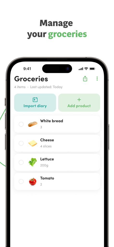 Calories and nutrition tracker - Interfaz de aplicación móvil que muestra una pantalla de gestión de lista de la compra con artículos de comida y cantidades.
