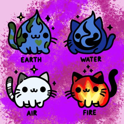 4 cats that represent the different elements, earth, water, air, and fire