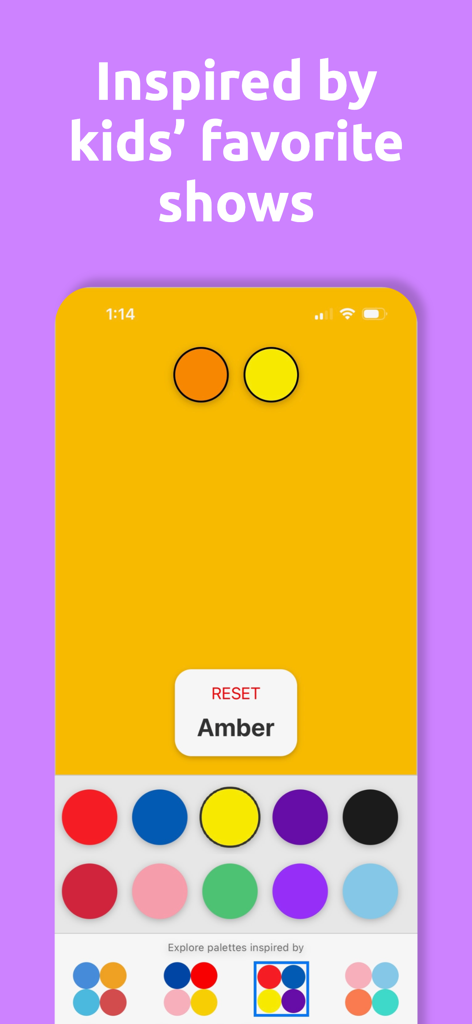 Color Mixer for Kids - Una pantalla de aplicación móvil que muestra una actividad de mezcla de colores para niños con una paleta de colores vibrantes y el nombre Ámbar mostrado
