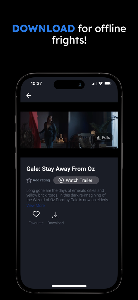 Chilling: Horror Movies & More - A mobile screen showing the Chilling app movie page for Gale Stay Away From Oz with a prominent download button for offline viewing.