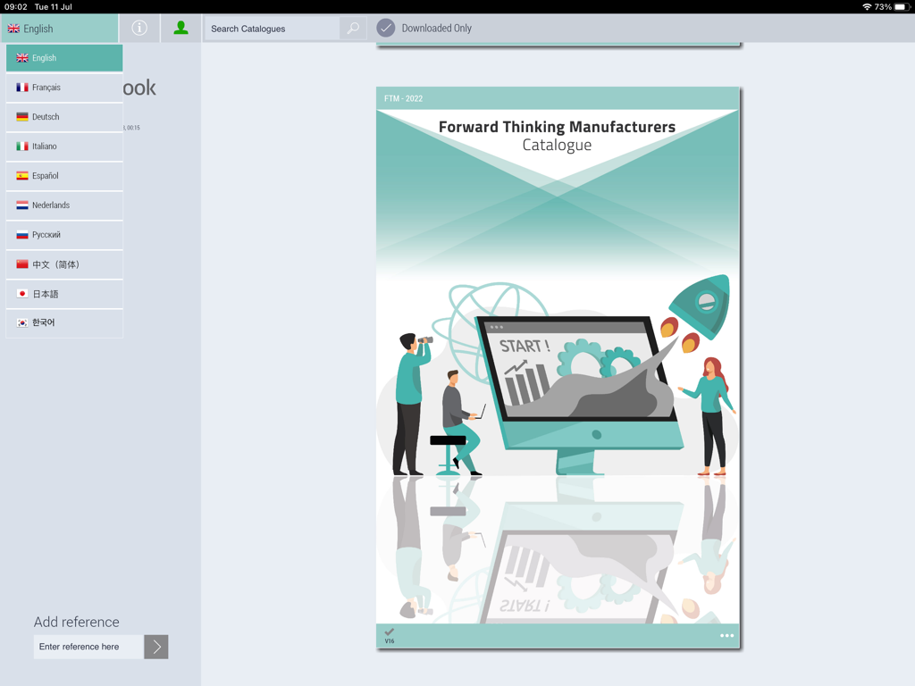 aWorkbookアプリのデジタル商品カタログインターフェース、言語選択メニューとサンプルカタログカバーが表示されています。