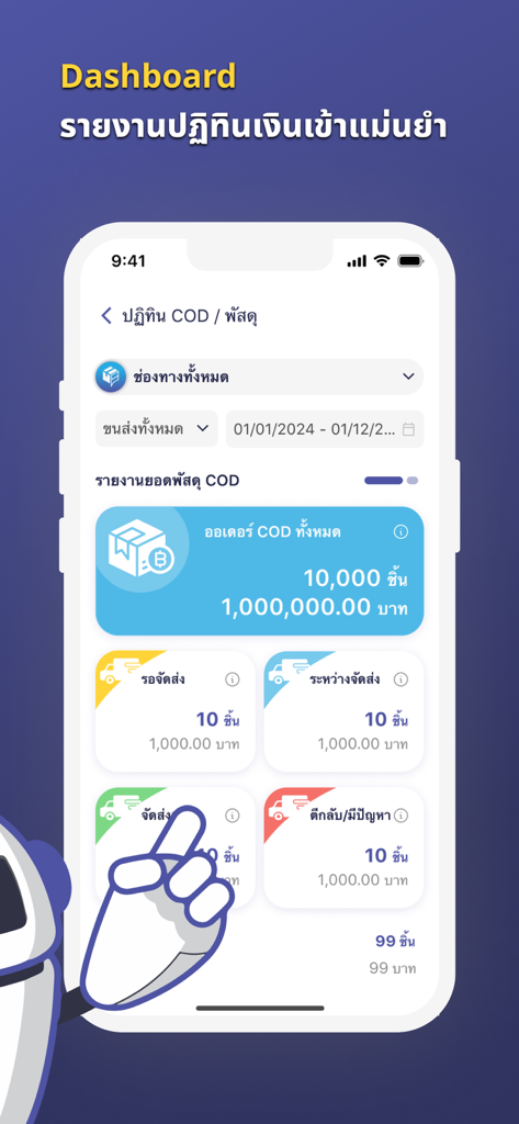 A mobile interface of the MyOrder app showing a dashboard with sales reports and order tracking statuses.