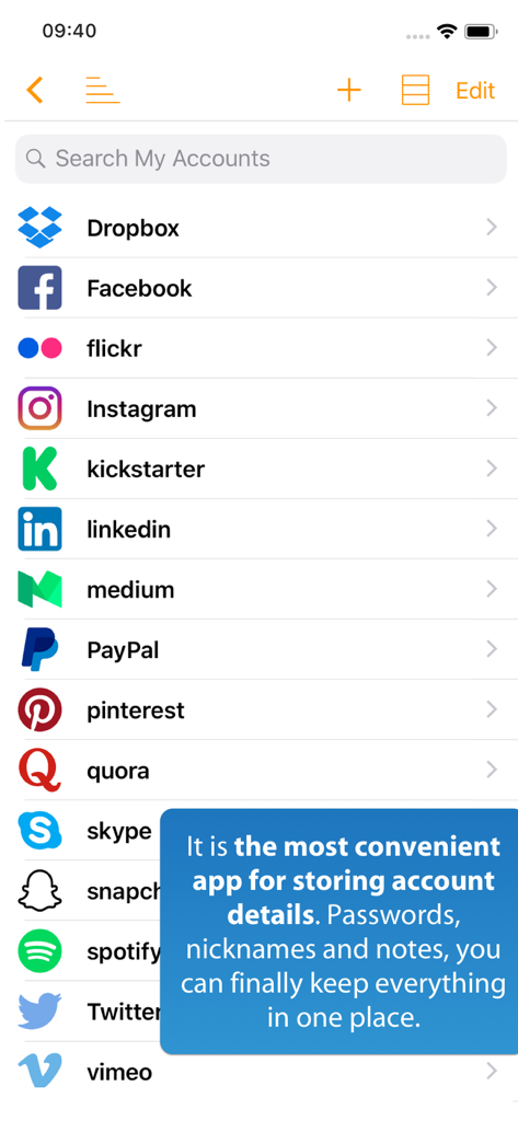 iDatabase - A list of online accounts and social media profiles stored within the iDatabase app for password management.