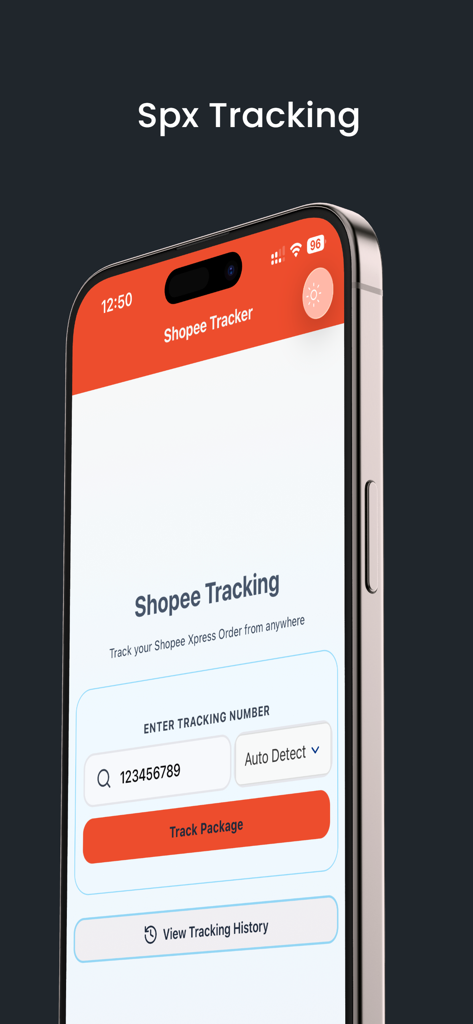 Spx Tracking - shopee! tracker - iPhone画面に、追跡番号入力フィールドと荷物追跡ボタンが表示されたSPX Trackingアプリのホーム画面が表示されています。