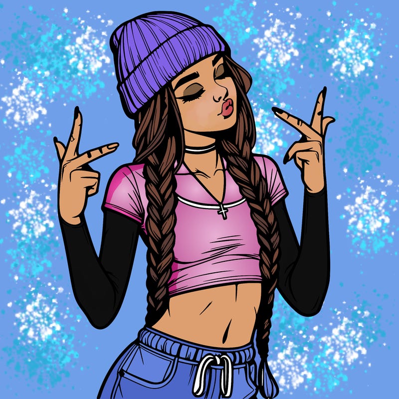 realistic teenage girl with braids and a beanie and crop top doing 🫶🏼