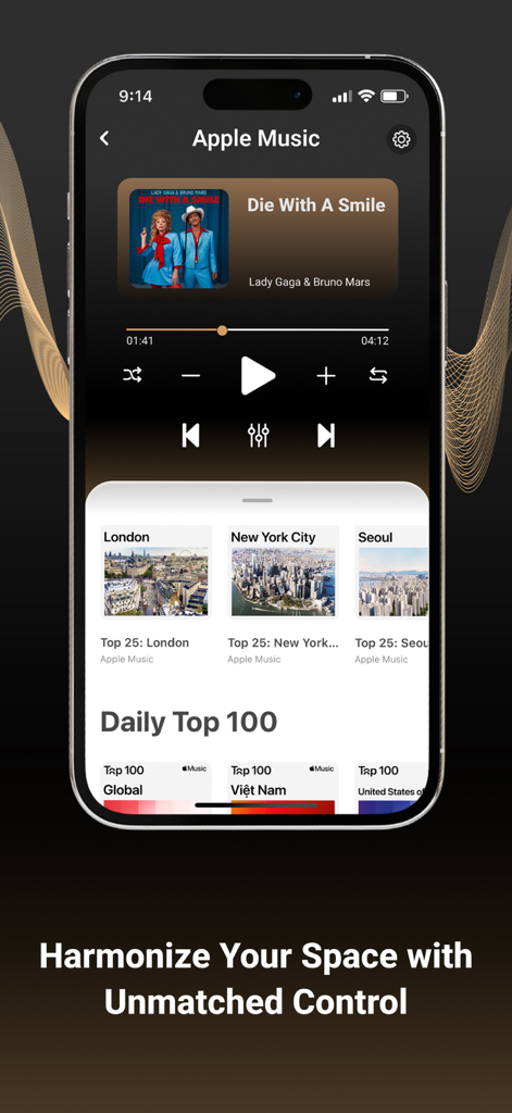 Music player screen of the Smart Speaker Equalizer Remote app featuring playback controls and global top charts