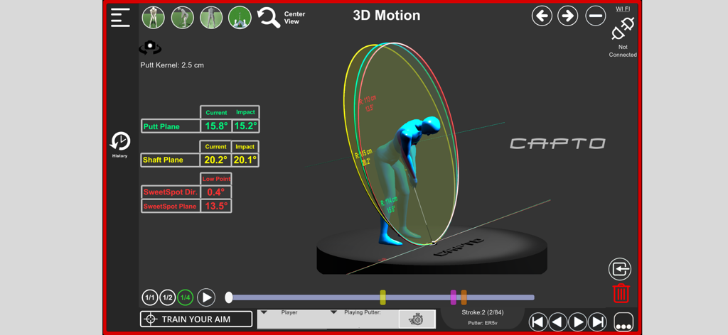 Capto Golf app interface showing 3D putting motion analysis and technical stroke data