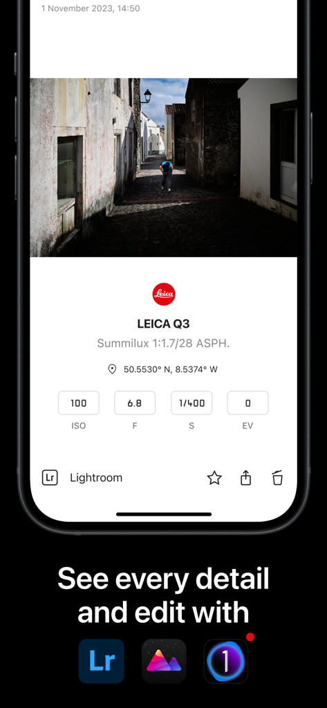 Leica FOTOS - Leica FOTOS app displaying photo metadata and professional editing integrations for a Leica Q3 camera.