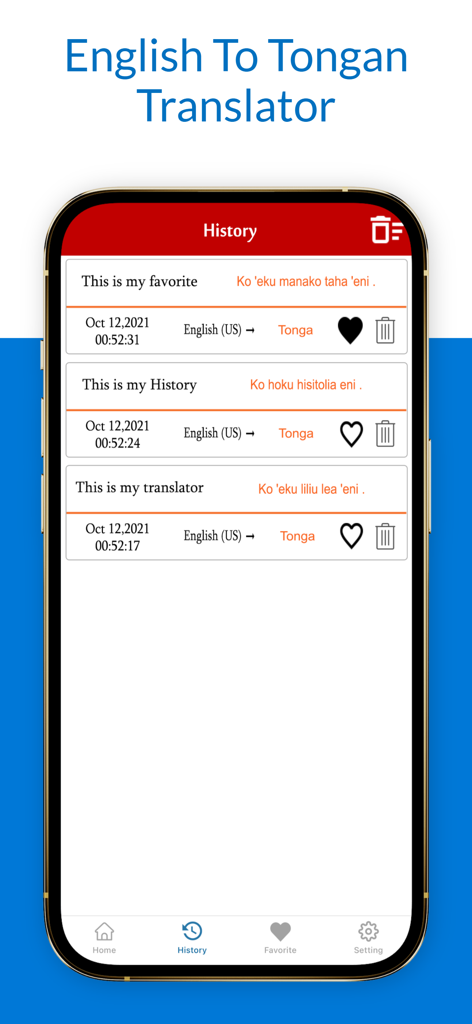 English To Tongan Translator - History screen of the English to Tongan translation app displaying previous translations.